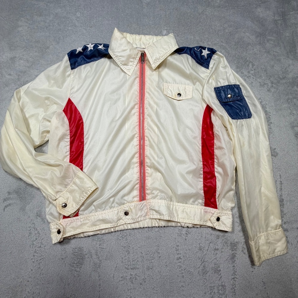 Vintage 70s White Nylon Americana Light Windbreaker Jacket Stars Stripes Large